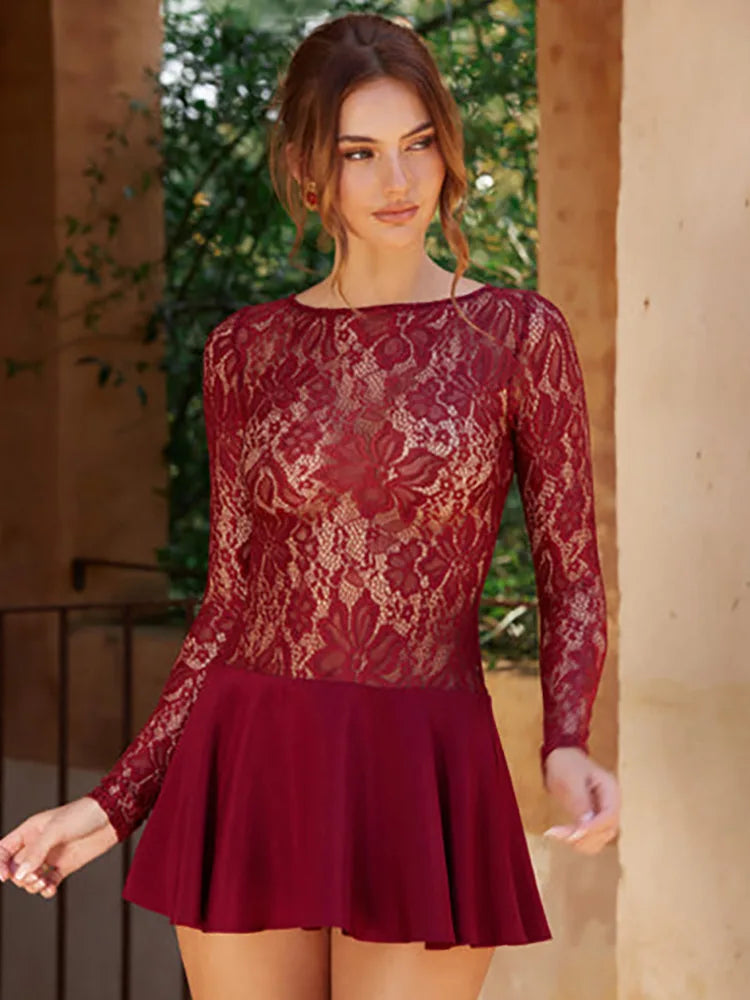 Lace Long Sleeve Sexy Mini Dress For Women Robe Patchwork O Neck Sheer Lace High Waist A-line Club Party Dress Vestido