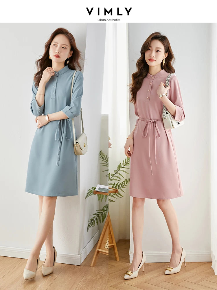 Elegant Solid Lace-up Slim Waist Dress Women Summer Straight Stand Collar Long Sleeve Office Ladies Vintage Dresses
