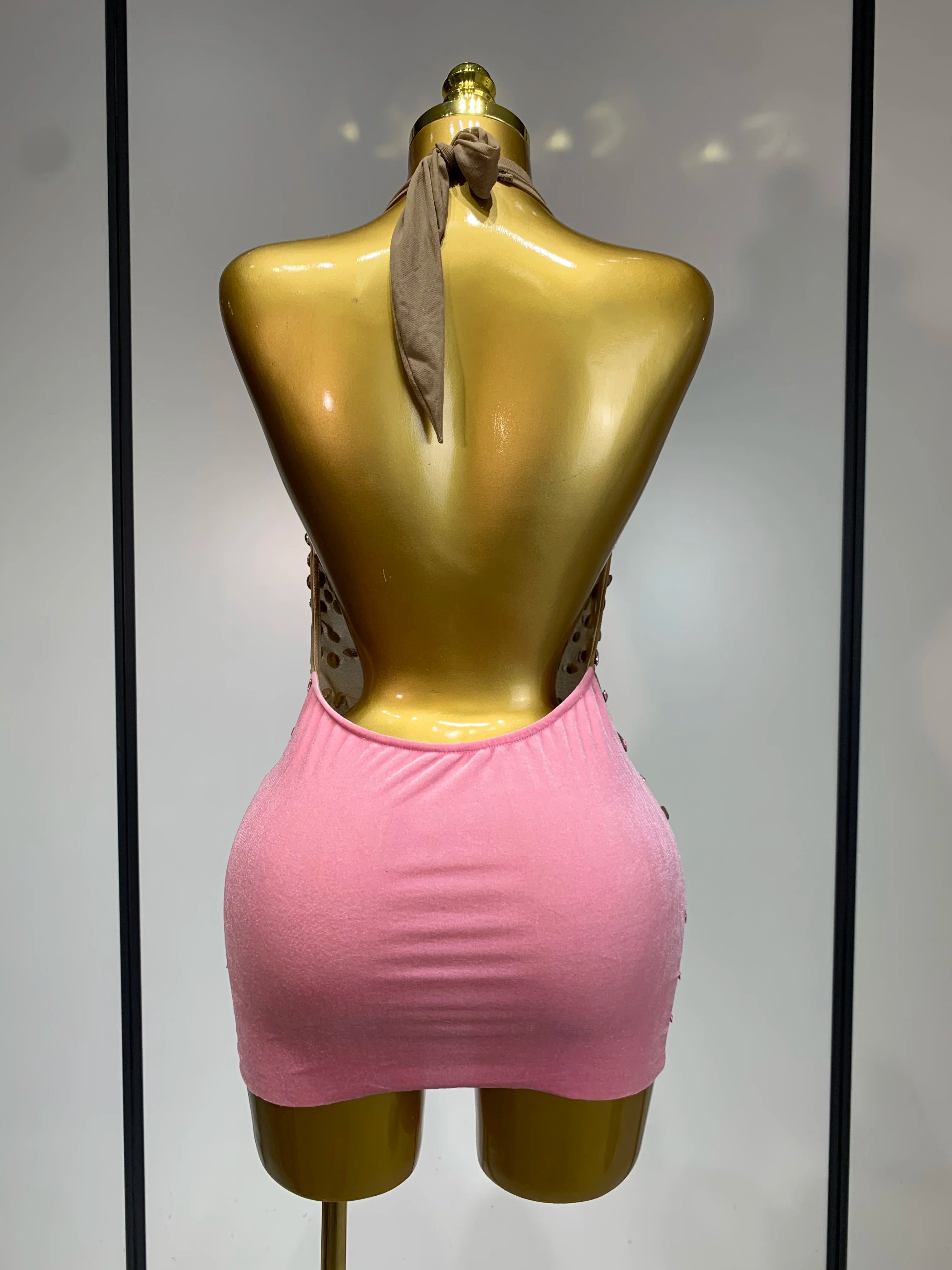 Luxury Rhinestones Backless Mini Dress Women Sexy Mesh Transparent Celebrate Evening Birthday Photo Shoot Perform Stage Outfit