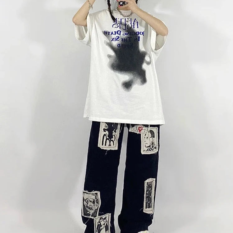 Grunge Punk Patchwork Black Jeans Women Hip Hop Streetwear Print Oversize Wide Leg Trousers 90s Vintage Fashion Pants