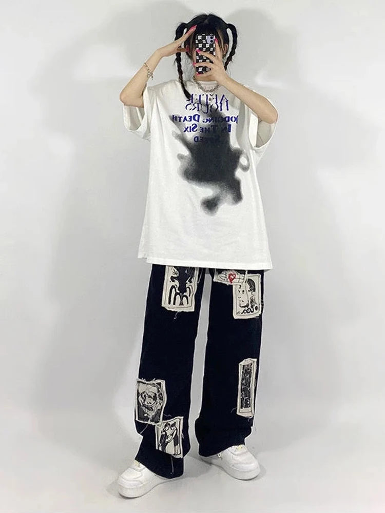 Grunge Punk Patchwork Black Jeans Women Hip Hop Streetwear Print Oversize Wide Leg Trousers 90s Vintage Fashion Pants