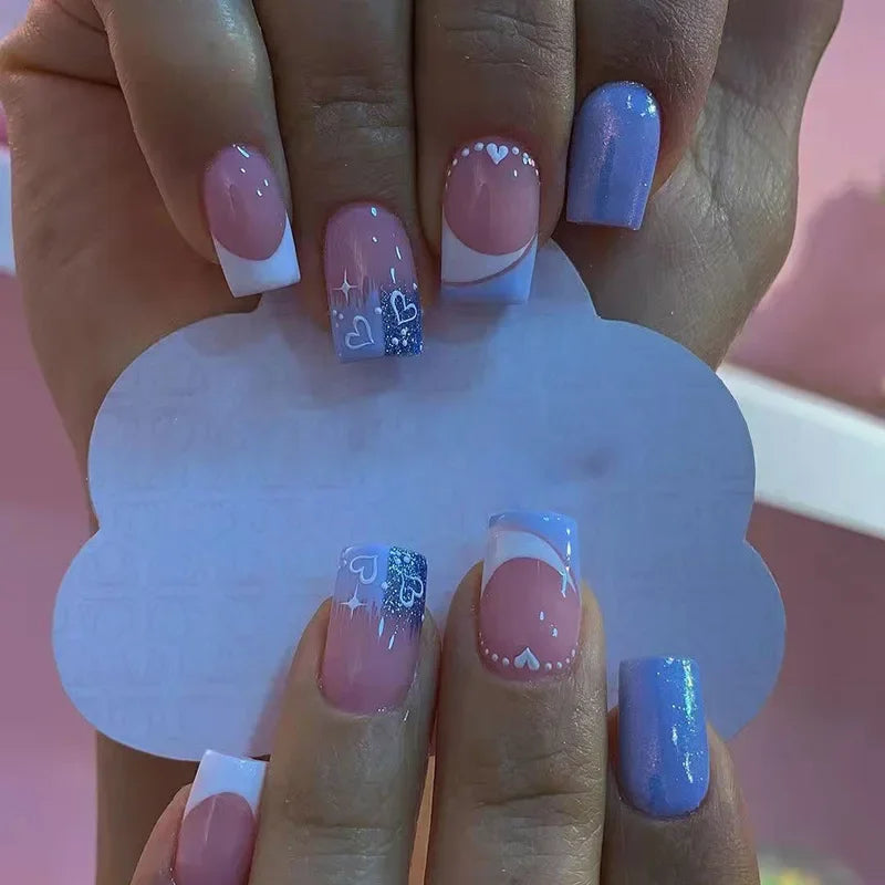 24Pc Square French Fake Nails with Heart Love Designs Glossy White Pink Press on Nails Full Cover False Nail for Valentine's Day