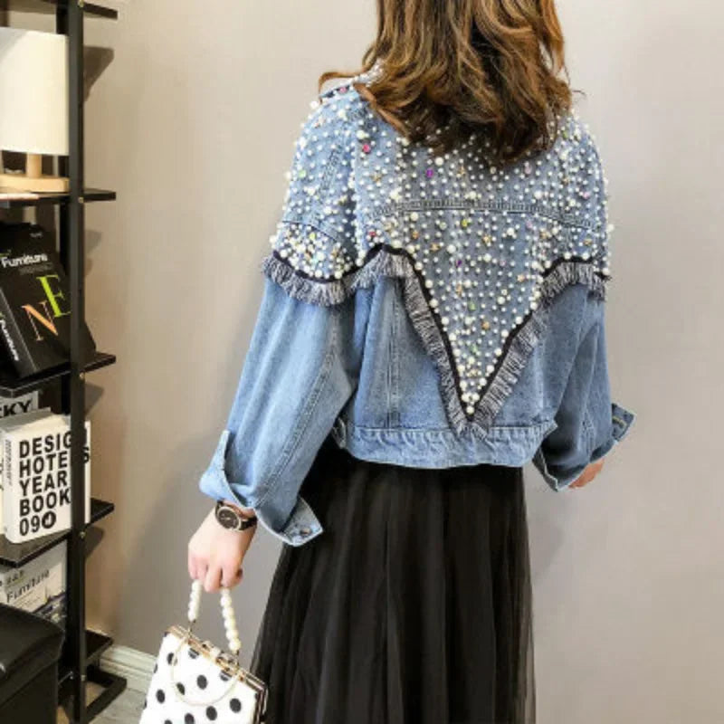 New Mujer Spring Autumn Streetwear Denim Jacket Women Hand-studded Pearls Punk Tassel Veste Femme Loose Short Jeans Coats