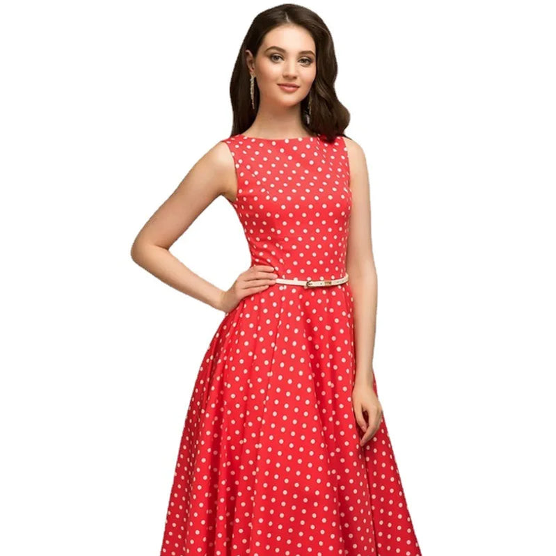 Vintage Dress Sleeveless O-neck Vestidos Women Elegant Thin Dot Printing Mid-Calf Casual Dress Female Summer