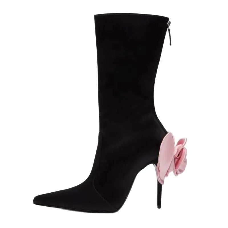 Big Size 34-46 Autumn Winter New Fashion Flower Short Boots Zip Thin High Heel Pointed Toe Sexy Pumps Women's Shoes Pink Red Pink