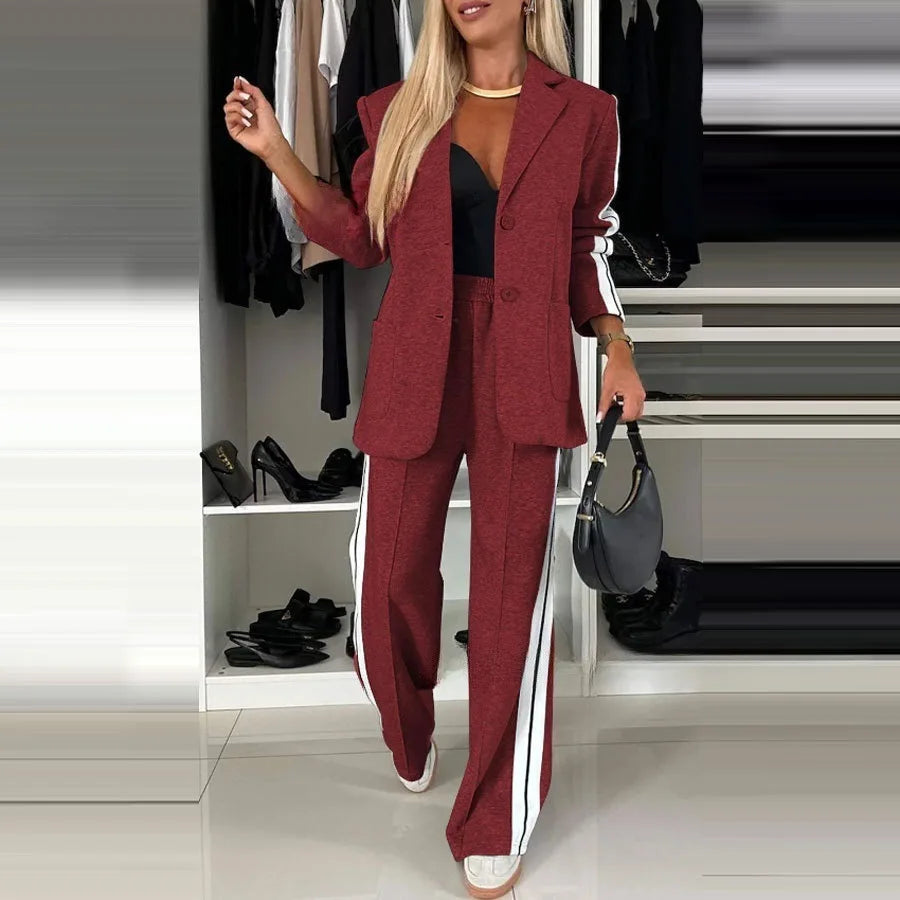 CM.YAYA Elegant Women Pants Suit and Long Sleeve Blazer Matching Set OL Streetwear Two 2 Piece Set 2024 Winter Ribbon Outfits Burgundy