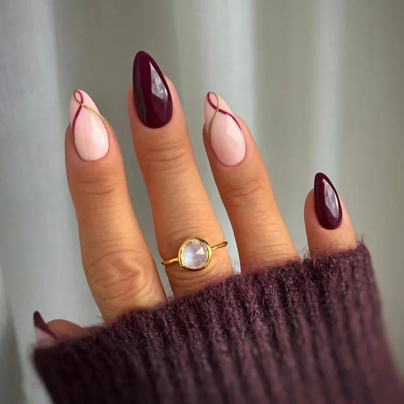 24Pcs Gradient Pink Nails Set Press on Cute French Press on False Nails Flower Design Wearable Almond Full Cover Fake Nail Tips