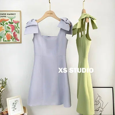 French New Female Sexy Bow Above Knee Suspender Dress Women's Summer Fashion Elegant Sleeveless A- Line High Waist Dress Lavender