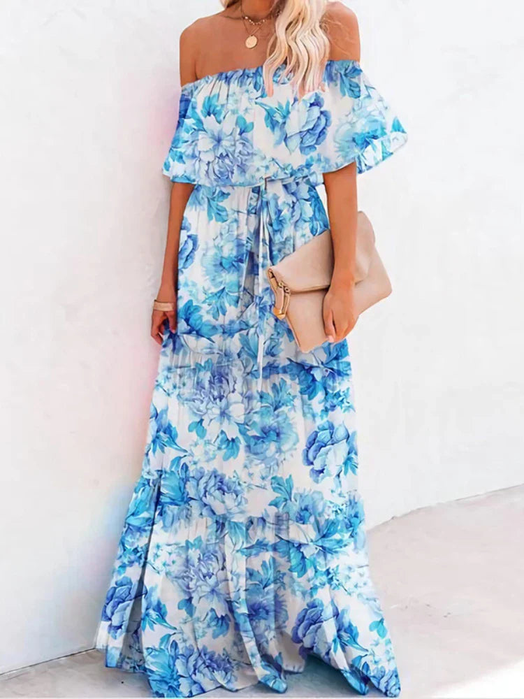 Multicolored Bohemian Ruffled Off Shoulder Self Belted Party Dress Cotton Tunic Women Boho Maxi Dresses Vestidos A324 Blue