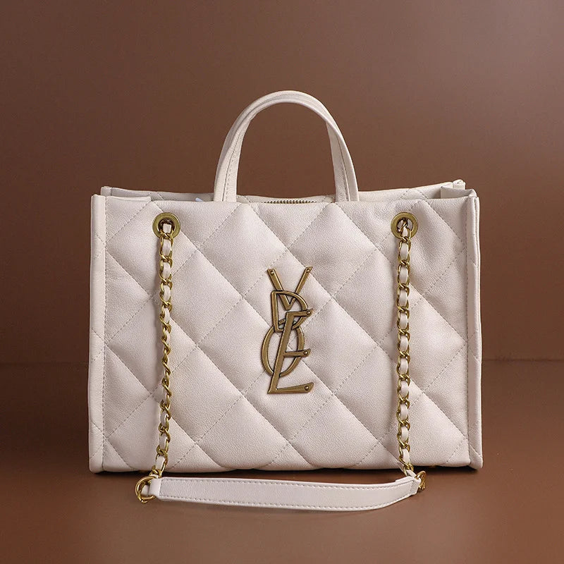 2025 New Women Genuine Leather Quilted Chain Tote Bag, Large Capacity Crossbody Sling Chic Shoulder Purse for Work and Travel
