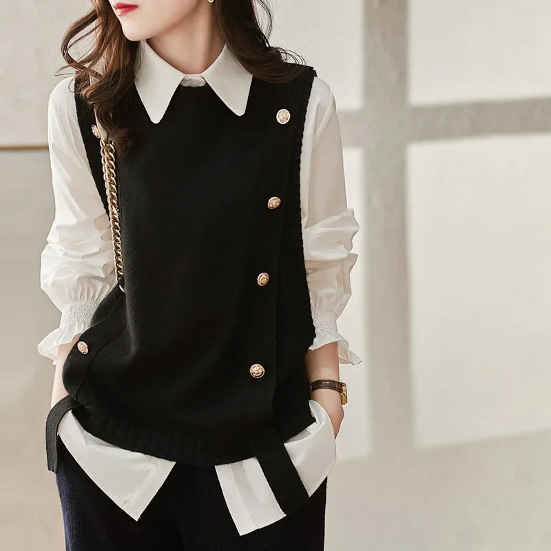 Fashion Knitted Vest for Women Sleeveless Sweater Vest Retro Knit Tank-Top Korean Female Autumn and Winter Knit Pullover Black