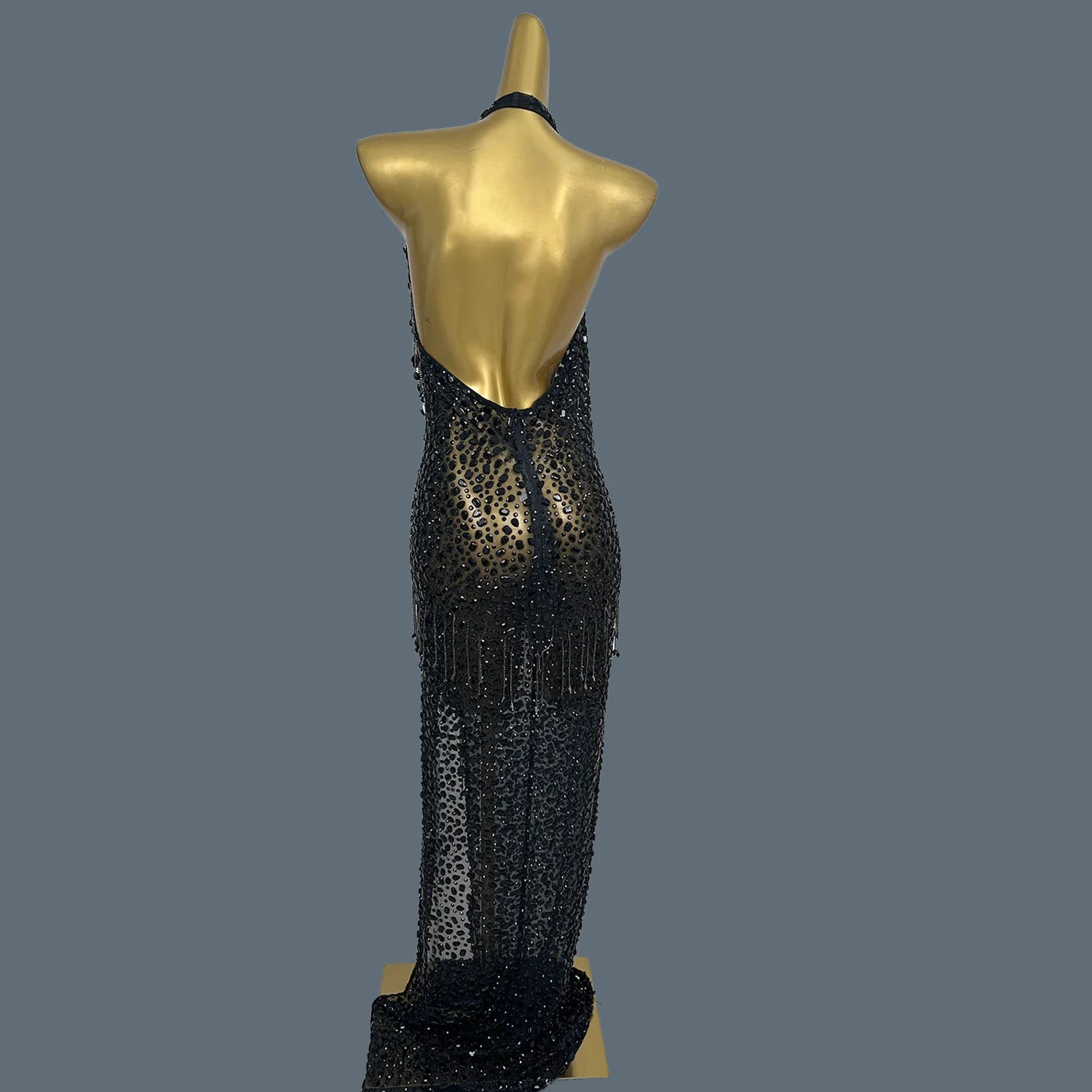 Black Tassel Sparkly Crystals Deep V Neck Evening Gown Low-cut Long Dress Birthday Celebrate Party Photo Shoot Wear Wulongweibo
