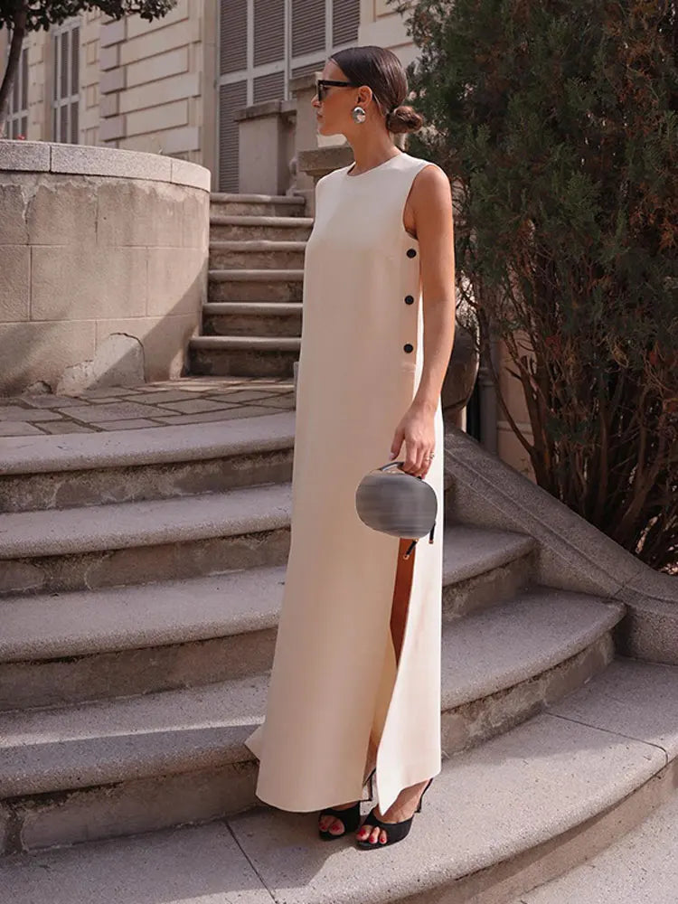 Elegant Sleeveless Button Split Midi Dress Women Summer Casual Round Neck Loose Vestidos Female Fashion High Street Beach Robes