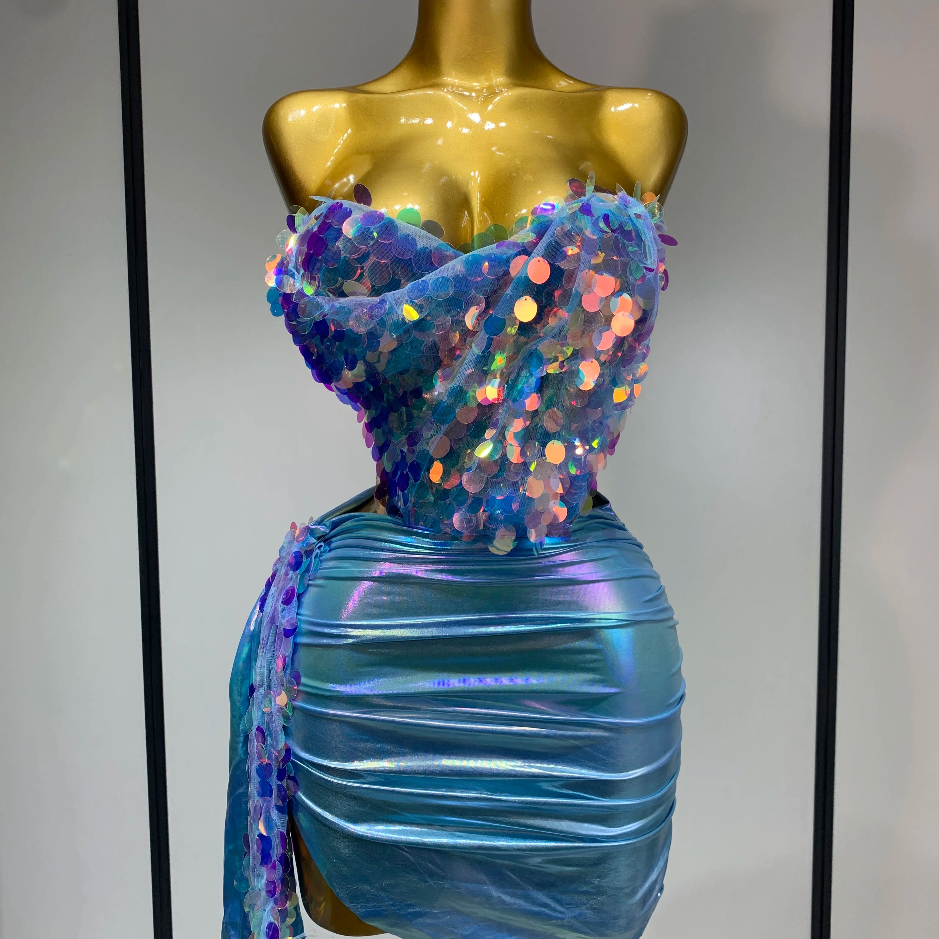 Women Sexy Strapless Sequin Glitter Two Pieces Set Celebirty Elegant Luxury Birthday Evening Party Nightclub Singer Stage Outfit