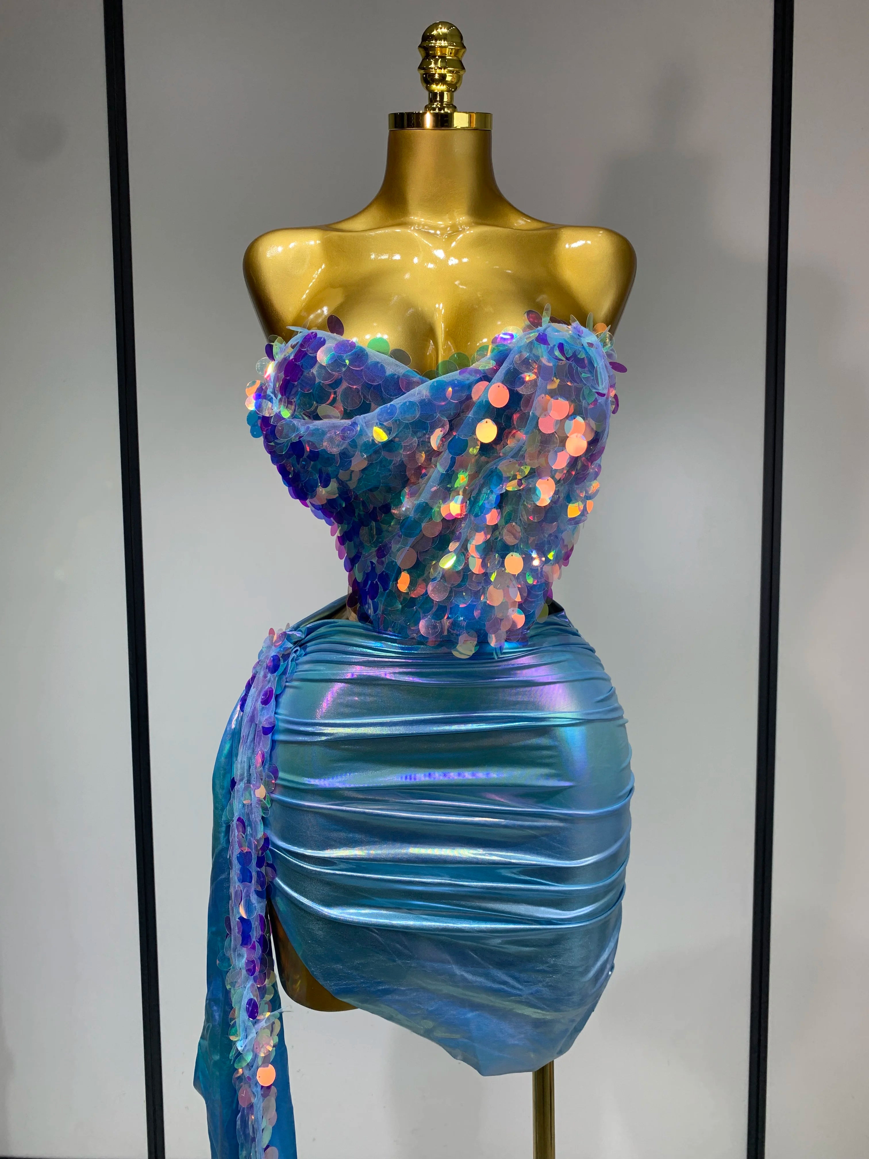 Women Sexy Strapless Sequin Glitter Two Pieces Set Celebirty Elegant Luxury Birthday Evening Party Nightclub Singer Stage Outfit