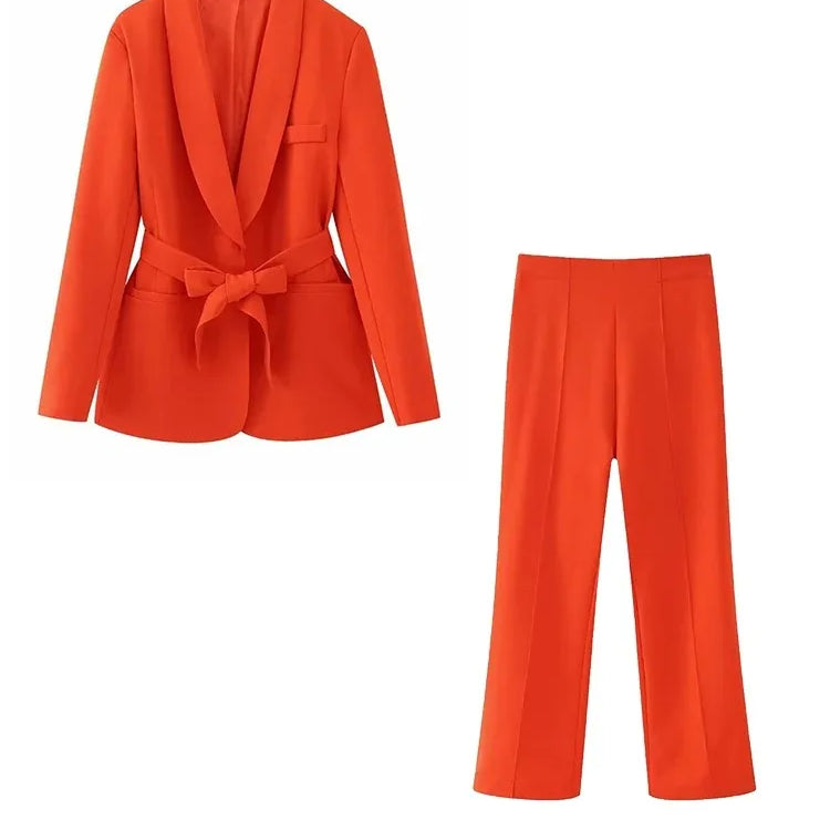 TRAFZA Women's Casual Blazer Chic Outerwear Elegant Flared Trousers Long Sleeve V-Neck Belted Office Commuter Suit Set Orange Set-O58