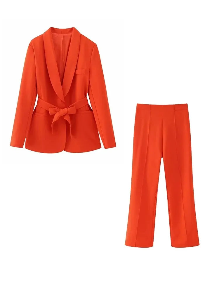 TRAFZA Women's Casual Blazer Chic Outerwear Elegant Flared Trousers Long Sleeve V-Neck Belted Office Commuter Suit Set Orange Set-O58