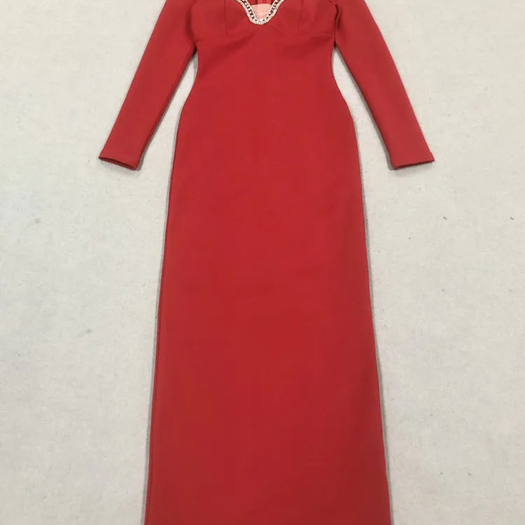 Vestido longo feminino sexy de manga comprida com diamantes, vermelho, longo, bandagem justa, 2025, elegante, roupa para festa noturna