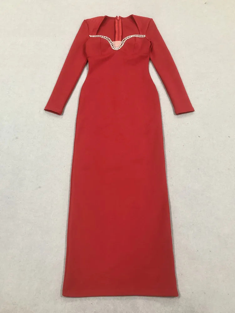 Vestido longo feminino sexy de manga comprida com diamantes, vermelho, longo, bandagem justa, 2025, elegante, roupa para festa noturna