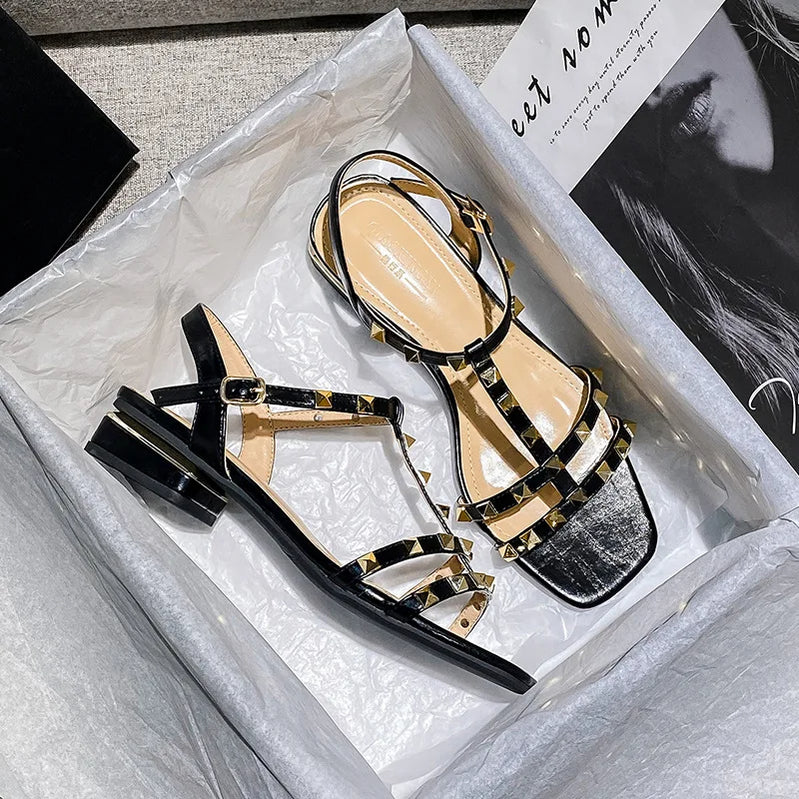 Summer low heel women rivets sandals thin ribbon fashion Korean design girls shoes large size wear slippers free delivery