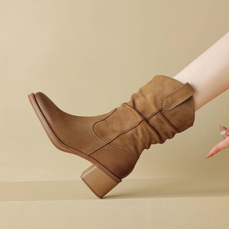 New Autumn/Winter Women Boots Round Toe Chunky Heel Shoes Western Boots Zapatos De Mujer Ankle Boots Genuine Leather Shoes