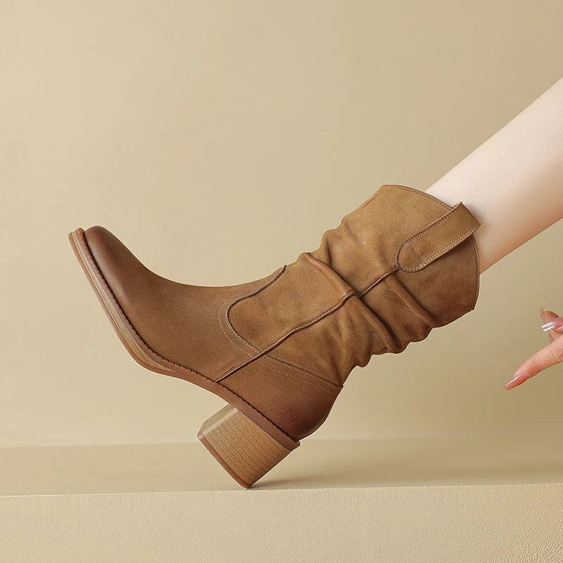 New Autumn/Winter Women Boots Round Toe Chunky Heel Shoes Western Boots Zapatos De Mujer Ankle Boots Genuine Leather Shoes