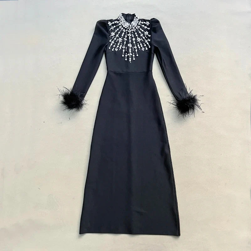 Black Red Color Women Long Sleeve Shinning Crystals Long Maxi Dress Celebrate Elegant Evening Party Outfit Vestido