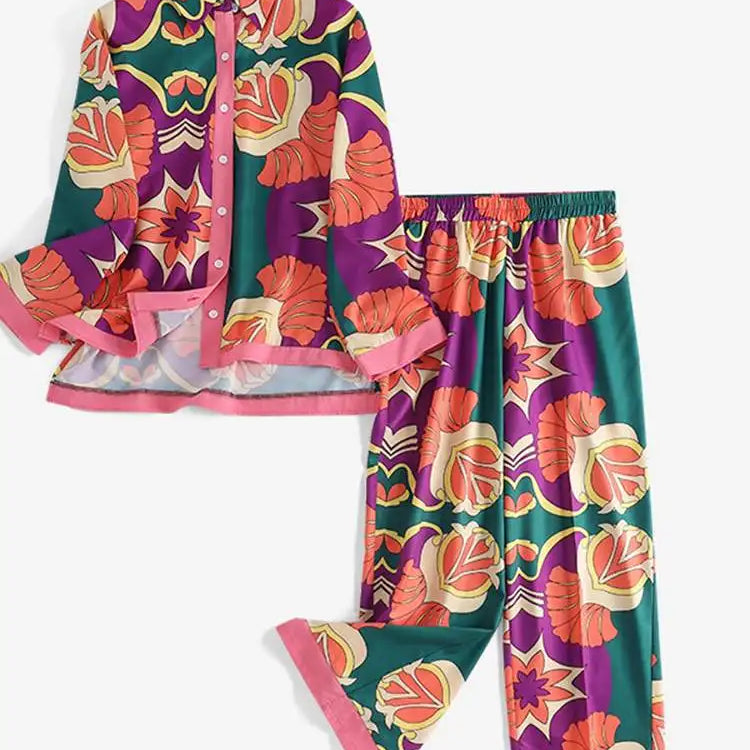 Women Printed Long Sleeve Blouse and Loose Pants Casual Outfits Loose Streetwear Loungewear Oversized ZANZEA Set Tracksuits