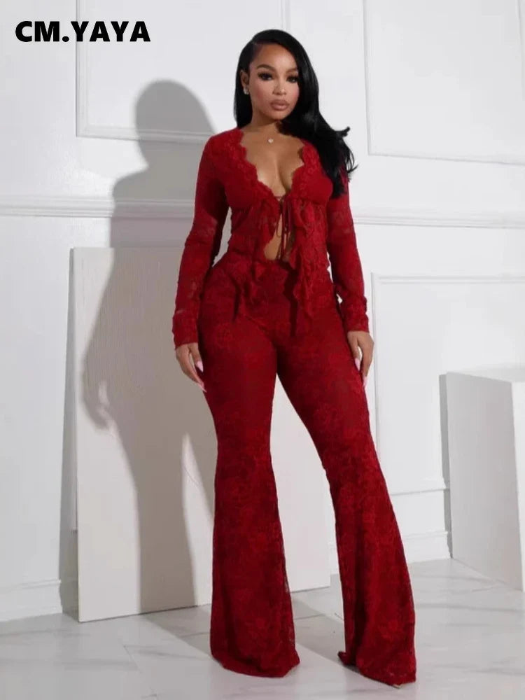 CM.YAYA 2025 Women's Set Long Sleeve Lace See Through Shirt + Long Pants Street Evening Sexy Two 2Piece Sets Outfits Tracksuit