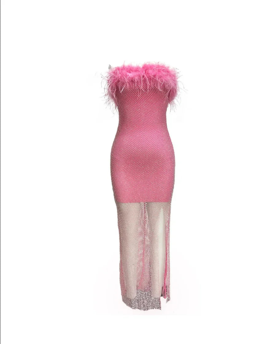 Pink Black Color Women Sexy Strapless Diamond Mesh Feathers Bodycon Long Dress Fashion Celebrate Nightclub Party Birthday Dress
