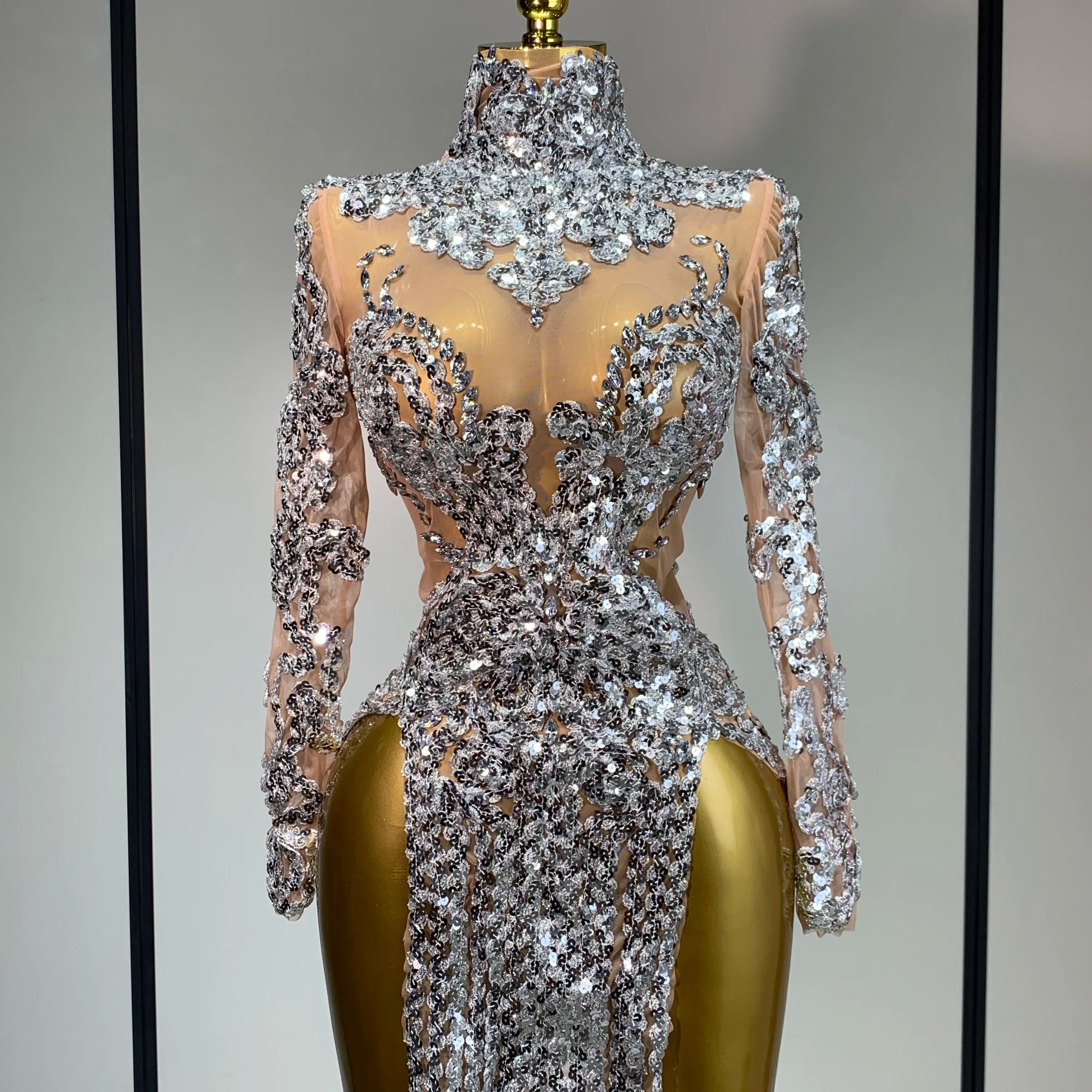 Sparkly Silver Gold Sequins Short Dress Sexy High Slit Women Nightclub Evening Party Dress Birthday Singer Stage Show Outfit