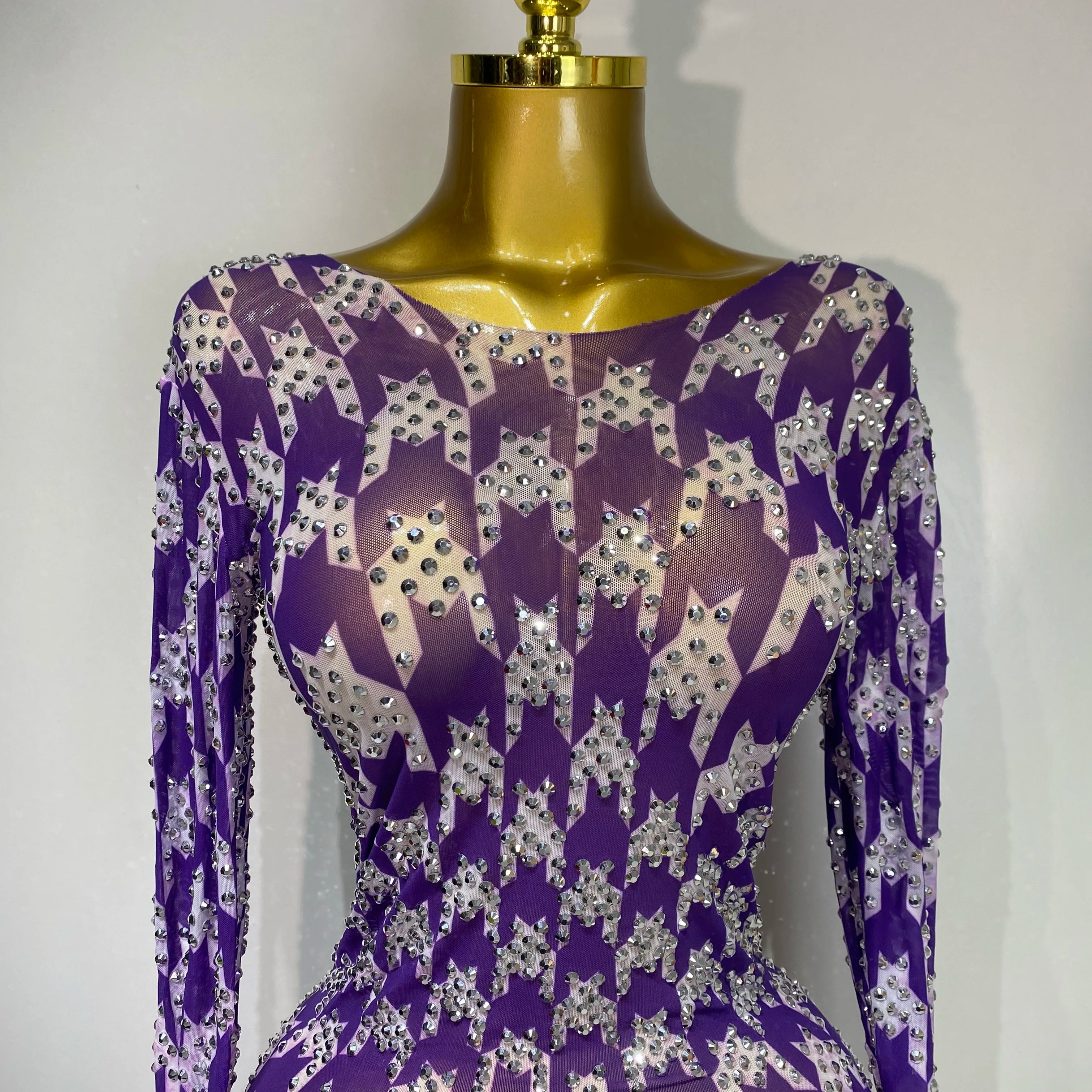 Sparkly Rhinestone Stretchy Mesh See Through Dress Women 2025 Performance Dancer Costume Luxury Birthday Nightclub Stage Outfit