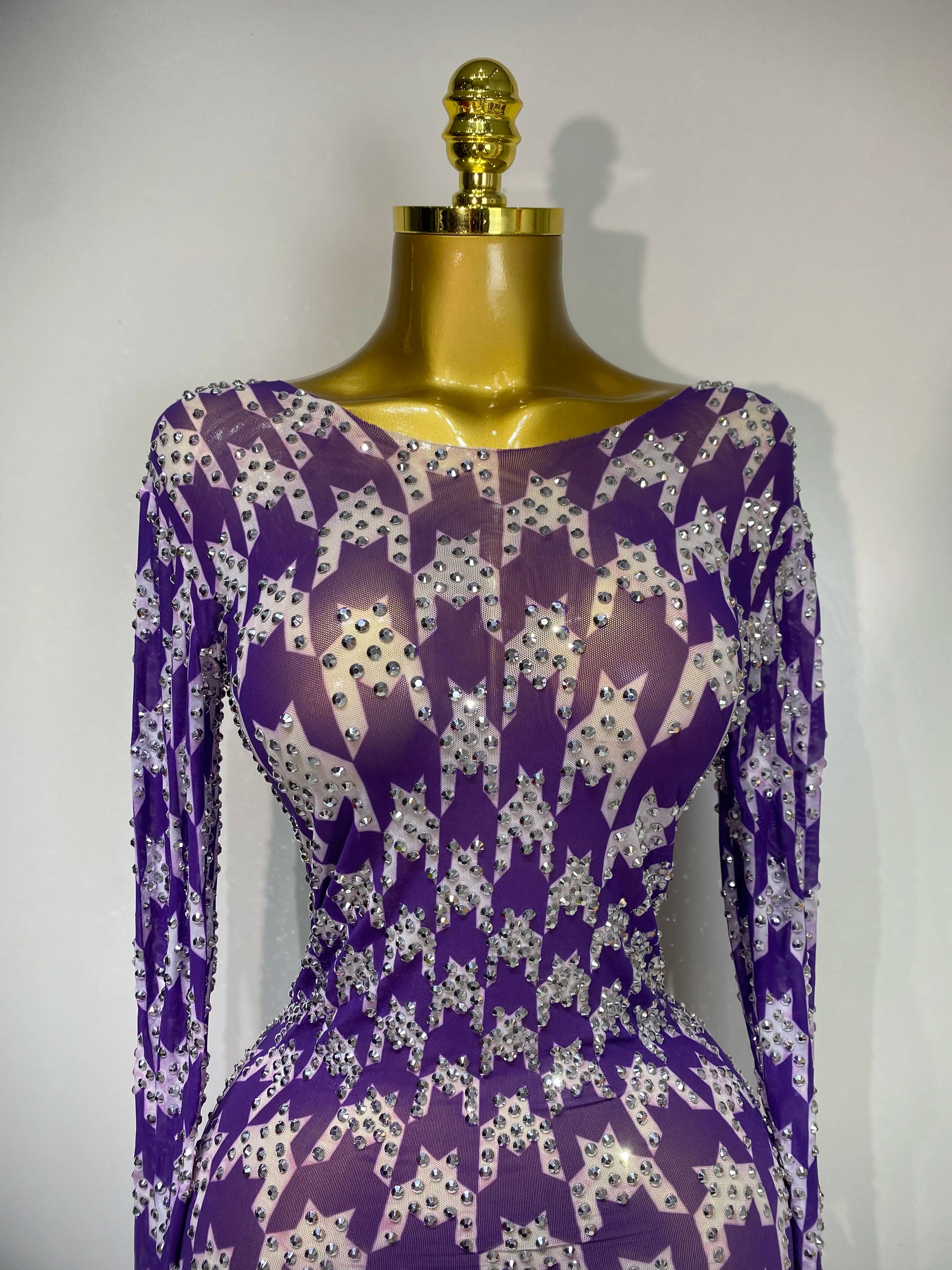 Sparkly Rhinestone Stretchy Mesh See Through Dress Women 2025 Performance Dancer Costume Luxury Birthday Nightclub Stage Outfit