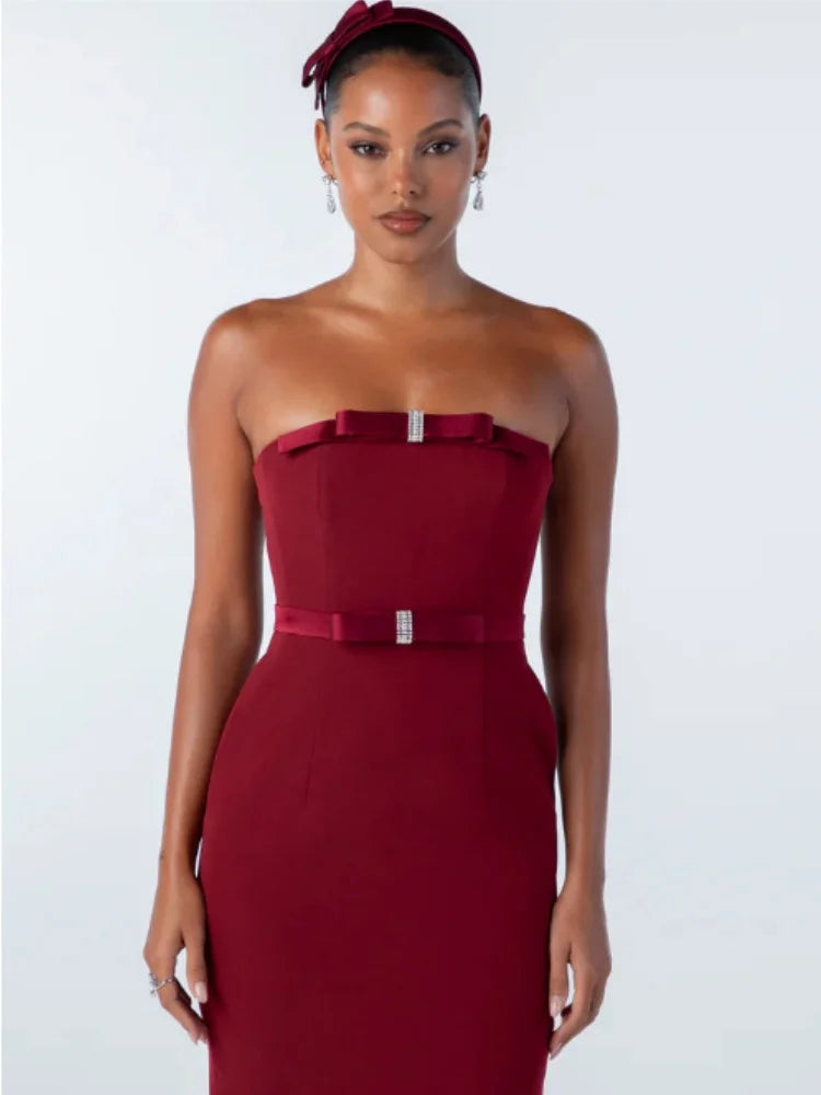 Arrival Women Sexy Strapless Bow Bodycon Mid-calf Dress Celebrate Birthday Party Date Cocktail Outfit