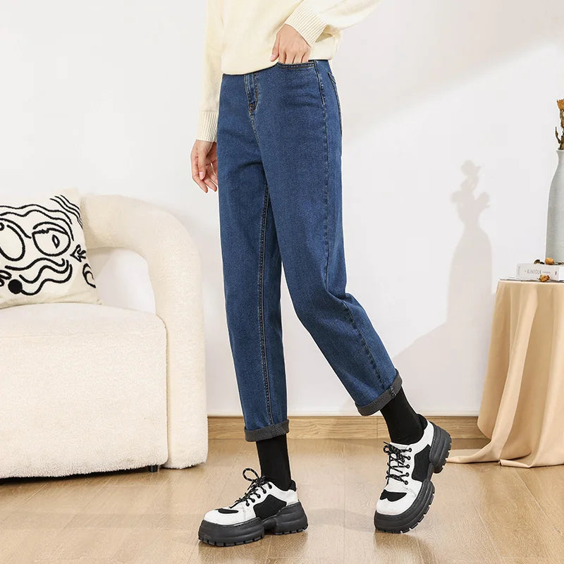 Jeans Women Loose Straight Leg Winter Trendy Bear Pattern Jeans