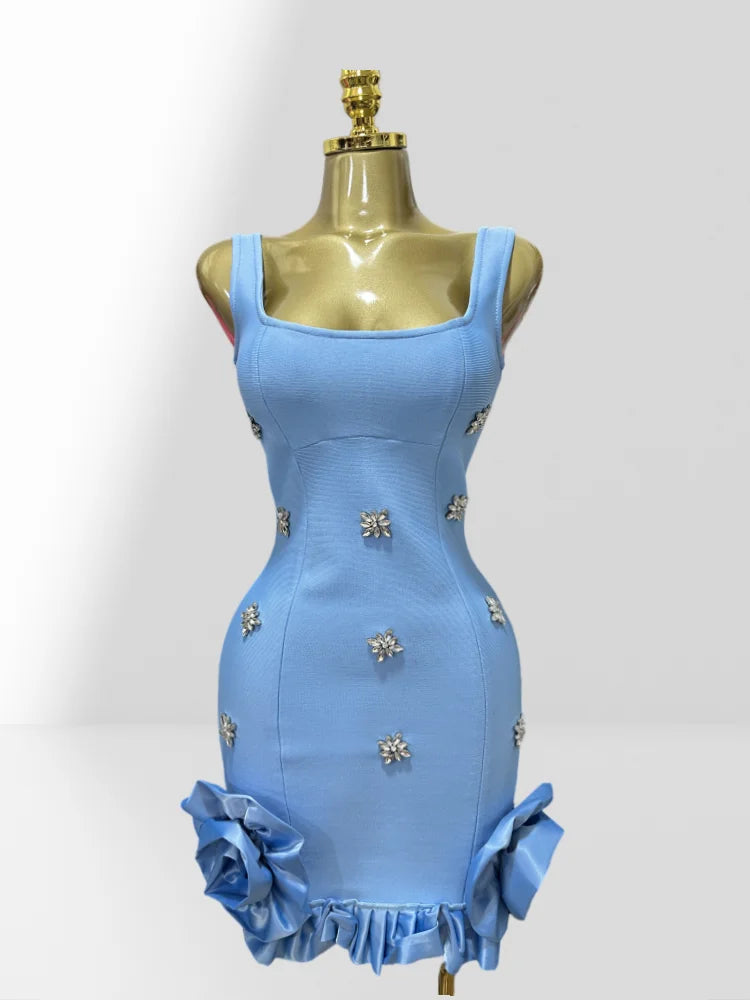 2025 Summer Shining Diamonds Sleeveless Sexy Bodycon Mini Bandage Dress Ruffles Celebrate Evening Party Birthday Outfit Vestido