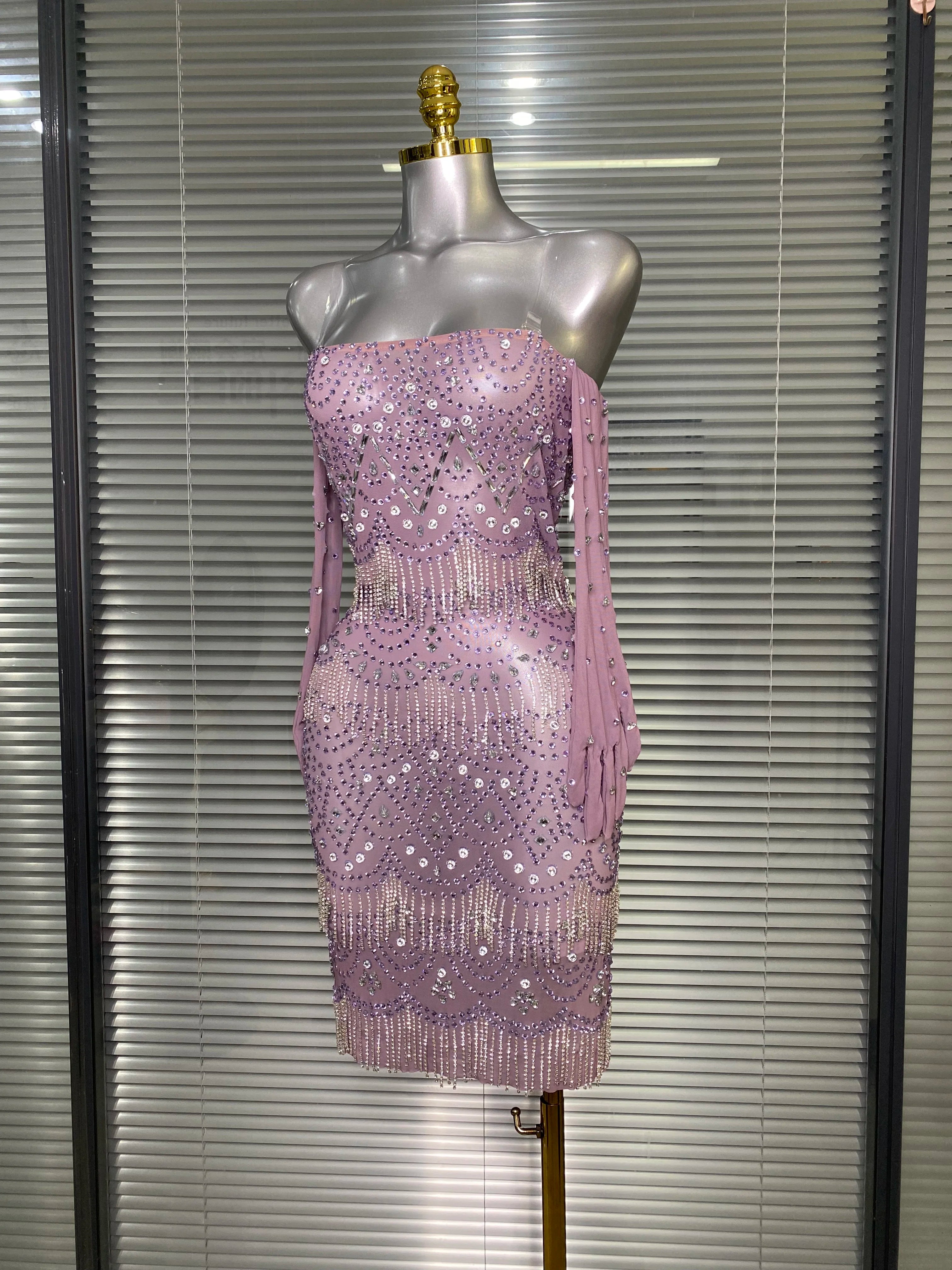 Women Sexy Strapless See Through Mesh Purple Costume Stage Dancer Singer Night Club Celebrity Gloves Mini Party Dress