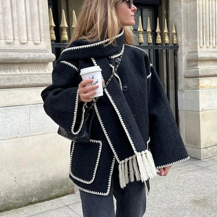 Fashion Embroidery Coat With Scarf For Women Long Sleeve Pockets Jacket Female Autumn Single Breasted Loose Lady Streetwear