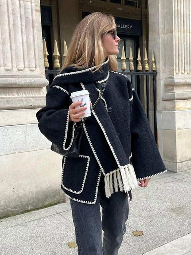 Fashion Embroidery Coat With Scarf For Women Long Sleeve Pockets Jacket Female Autumn Single Breasted Loose Lady Streetwear