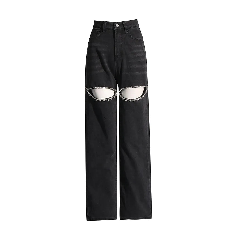 BPN Casual Spliced Diamond Jeans For Women High Waist Hollow Out Solid Loose Wide Leg Denim Pants Female spring Clothing Style DARKGREY