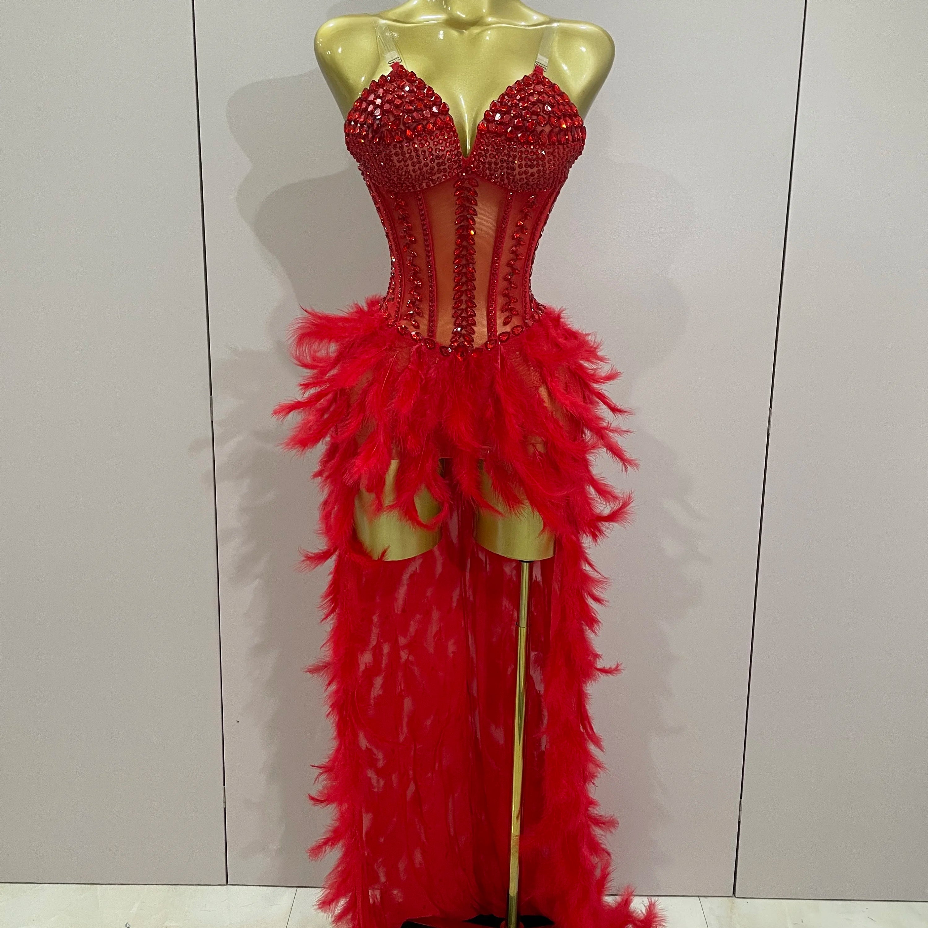 Luxury Sparkly Rhinestones Feathers Long Tail Dress Sexy Mesh Transparent Stage Bodysuit Evening Party Celebrate Birthday Dress