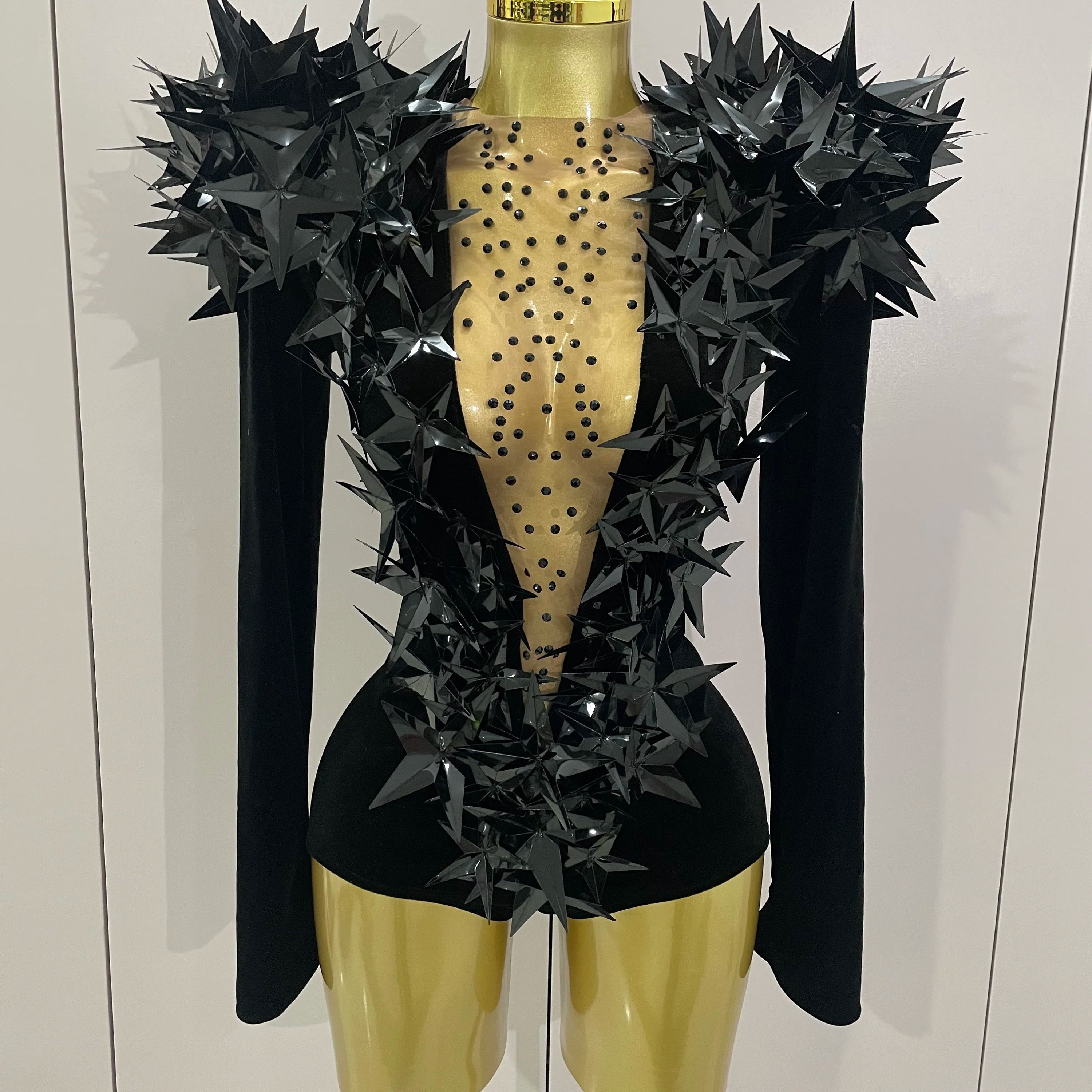 Shiny Gold Rhinestone Black Velvet Long Sleeve Bodysuit 2025 Women Evening Party Club Gala Hosts NightClub Bar Stage Costumes
