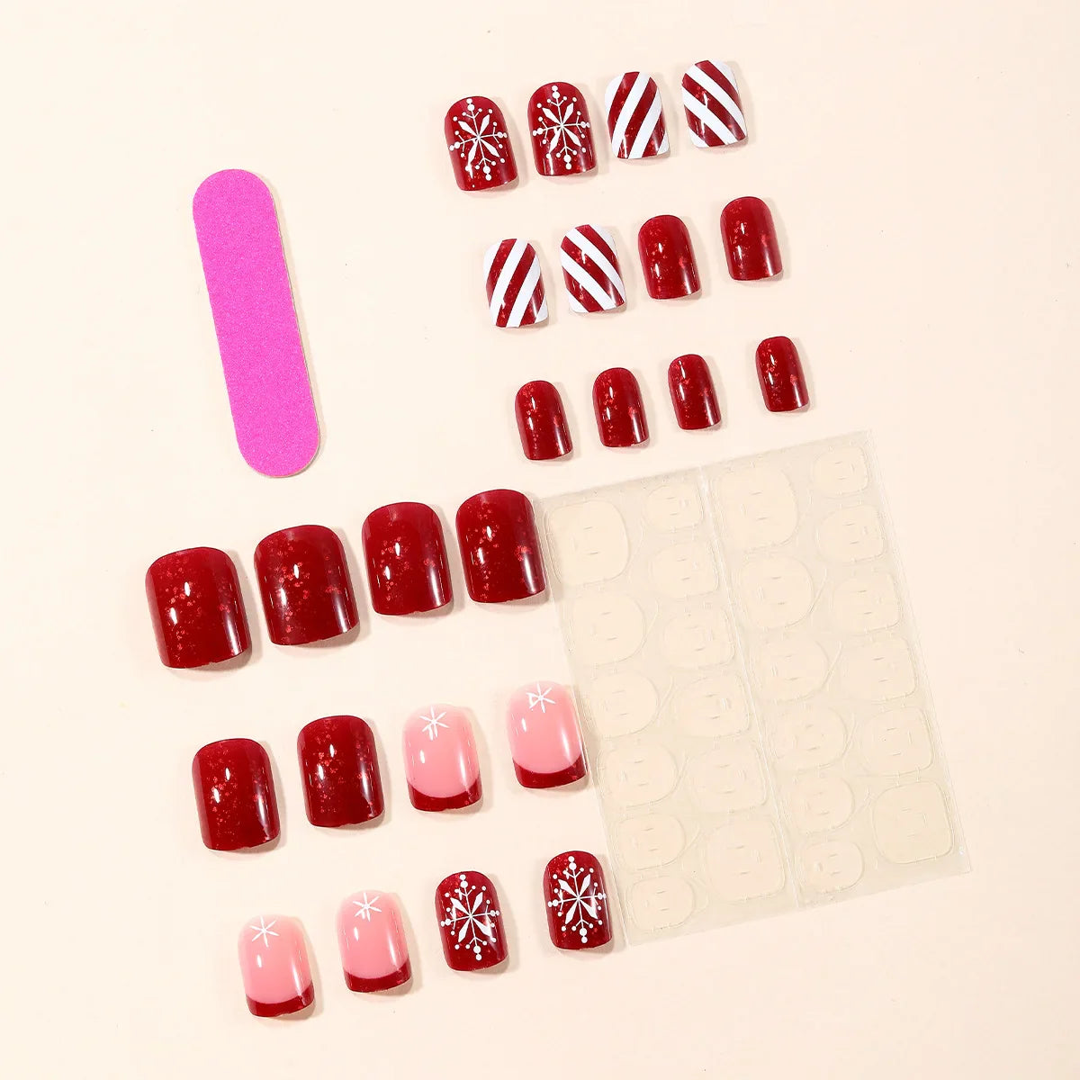 24Pcs Short Square Fake Nails Red French Press On Nails Snowflake/Striped Printed Women Girls Christmas Party False Nails
