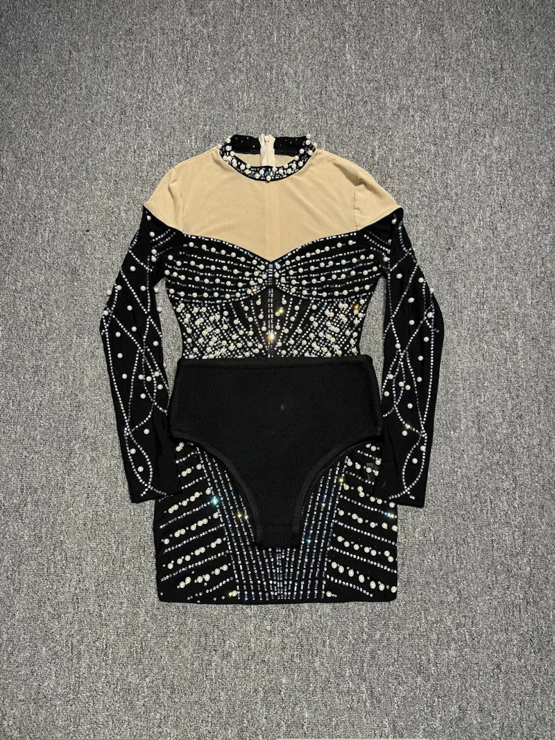 Women Long Sleeve Sexy Shinning Rhienstones Bodycon Mini Bandage Dress Nightclub Party Club Singer Celebrate Performance Costume
