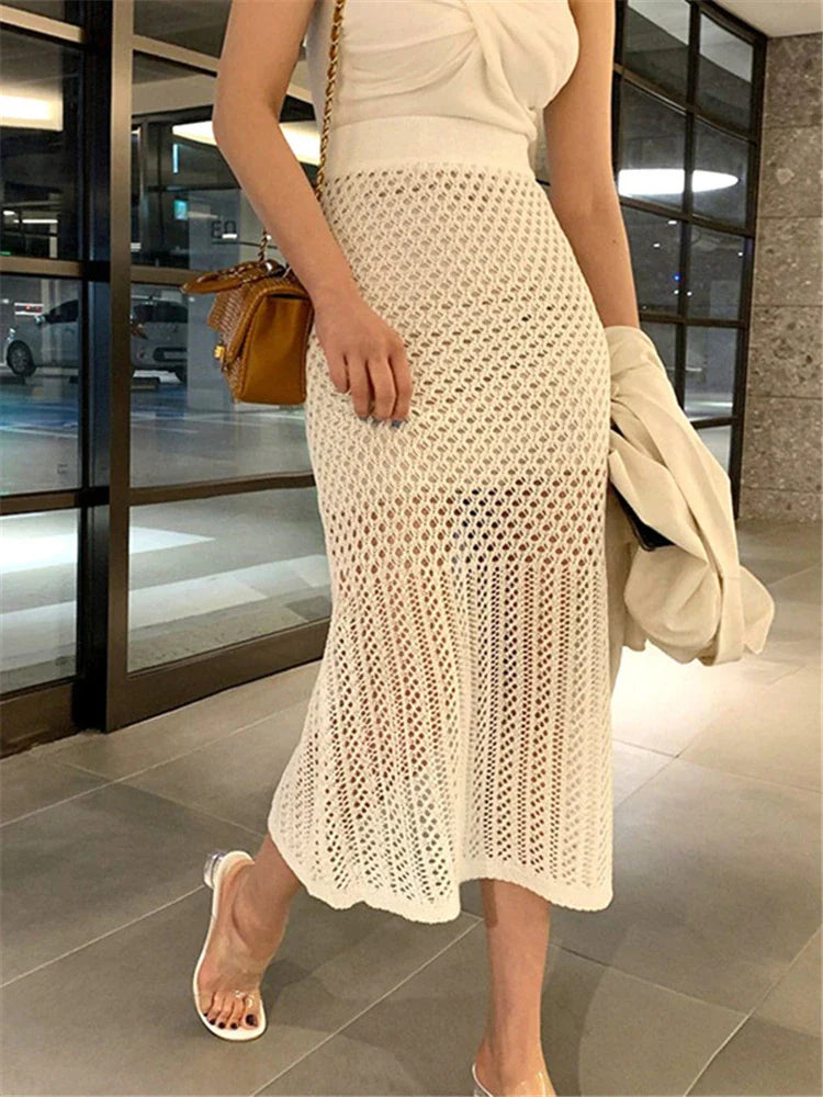 Tossy Summer Hollow Out Knit Long Skirt Casual Wrap Ladies Pencil See Through Midi Skirts 2022 Bodycon Korean Streetwear White One Size