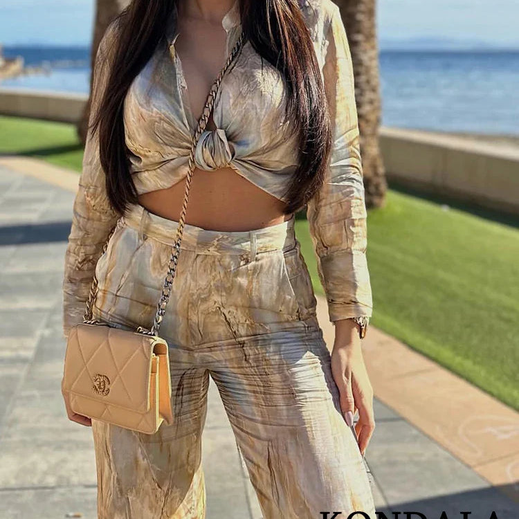 KONDALA Vintage Tie Dye Print Women Suit V-Neck Long Sleeve V Neck Shirts+High Waist Straight Loose Pants Fashion Sets