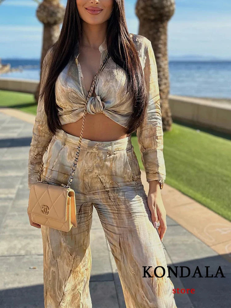 KONDALA Vintage Tie Dye Print Women Suit V-Neck Long Sleeve V Neck Shirts+High Waist Straight Loose Pants Fashion Sets