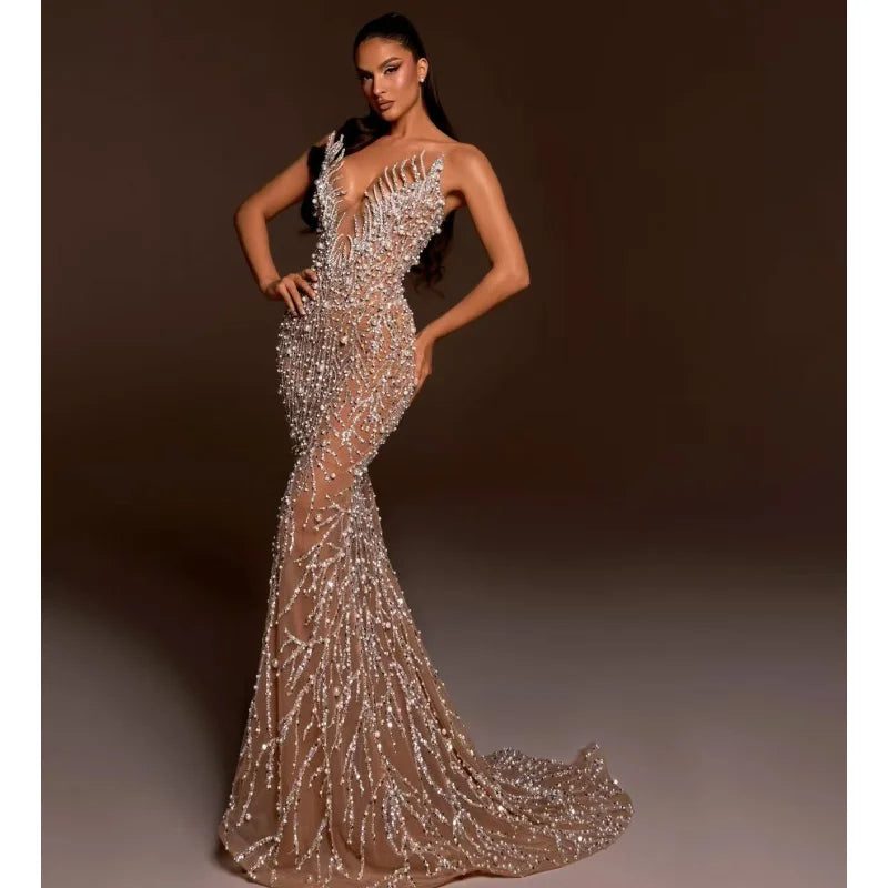 Haute couture Wedding Party dress Sequin embroidery Pearl Beading Sexy V-Neck Strapless Dress Celebrity Birthday Party Outfit