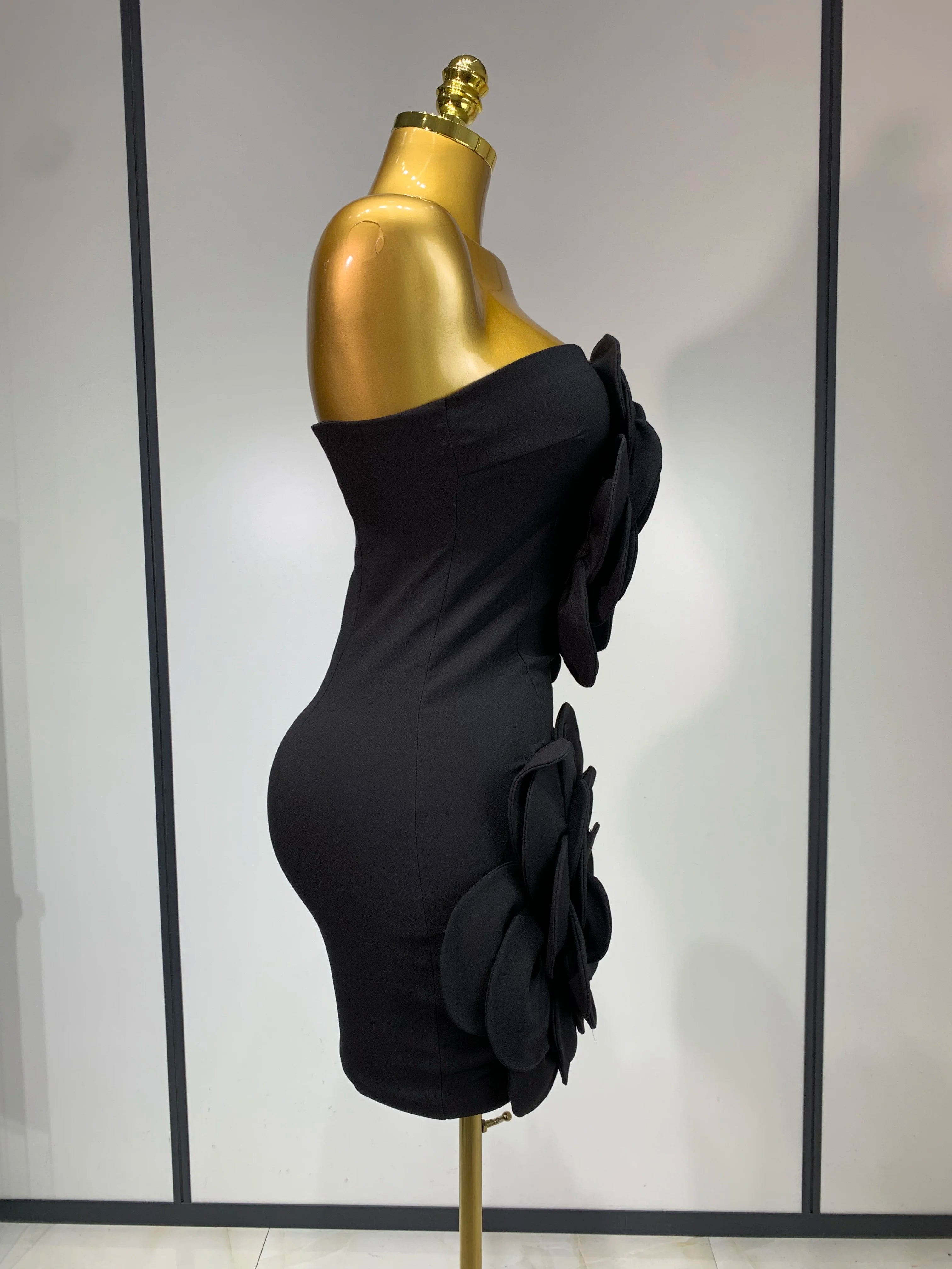 Women Sexy Strapless Backless Flower Black Mini Bodycon Dress 2025 Celebrity Elegant Evening Club Party Outfit Birthday Dresses