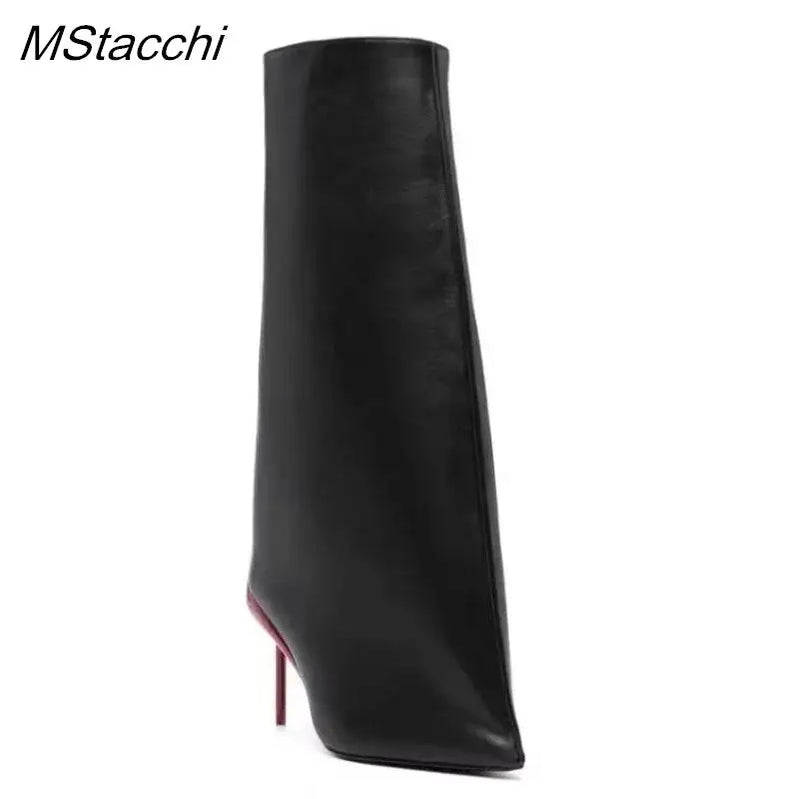 Botas femininas de cano alto estilo desfile de moda 2025, salto fino, sapatos femininos, salto alto vermelho, estilo britânico, botas de mulher